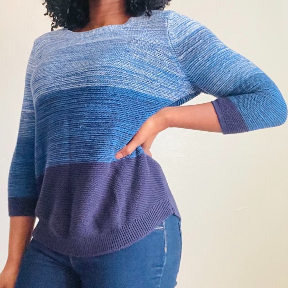 F&F Blue Degrade Striped Women's Crew Neck Sweater 3/4 Sleeves 100% Cotton
